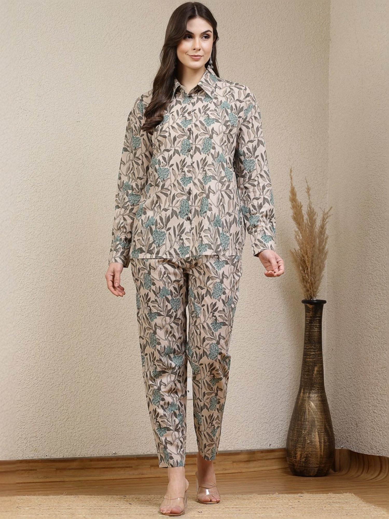 Stylum Beige & Green Floral Print Top & Pants Set