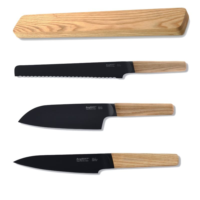 BergHOFF Ron 4Pc Wood Handle Knife Set, Santoku, Bread, Utility and Wall Knife Holder