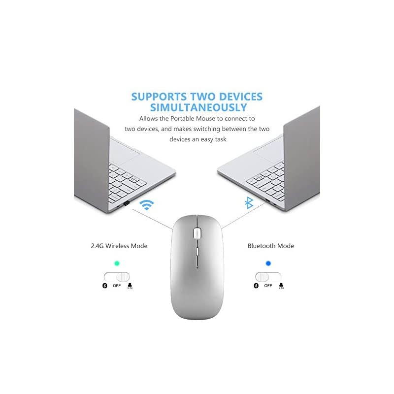 24GHz Wireless Bluetooth Mouse Dual Mode Slim Rechargeable Wireless Mouse Silent USB Mice 3 Adjustable DPICompatible for Laptop Windows MacBook Android MAC PC Computer Silver