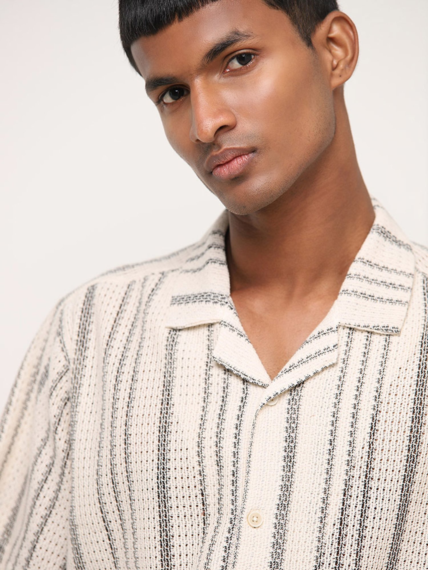 ETA by Westside Beige Striped Textured Relaxed-Fit Cotton Blend Shirt