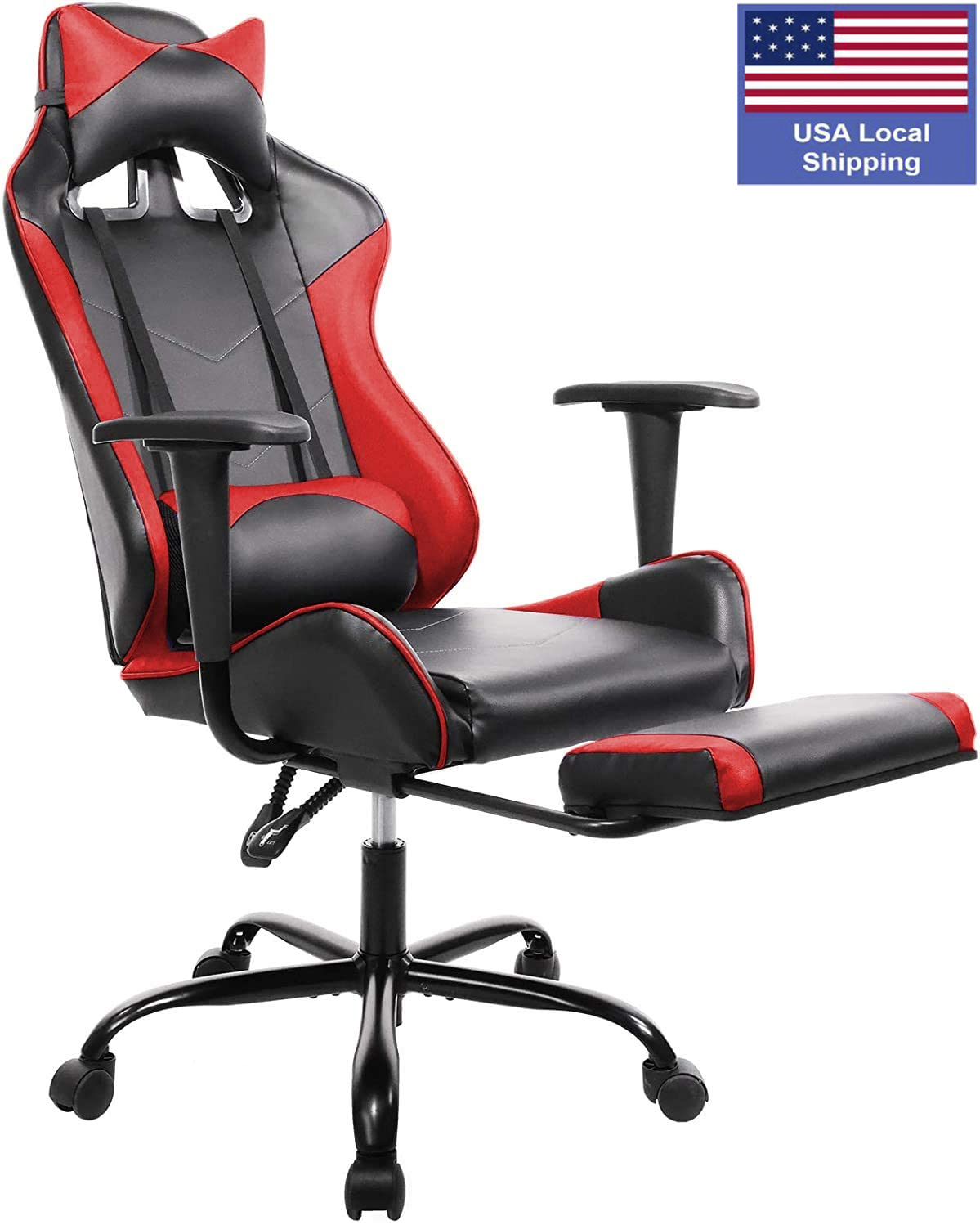 SMUGDESK Gaming Chair with Footrest Racing Style Recliner with Lumbar Support, Ergonomic Office Armchair for Computer PU Leather High Back Desk Chair Headrest Swivel Rocking Desk Chair, Blue