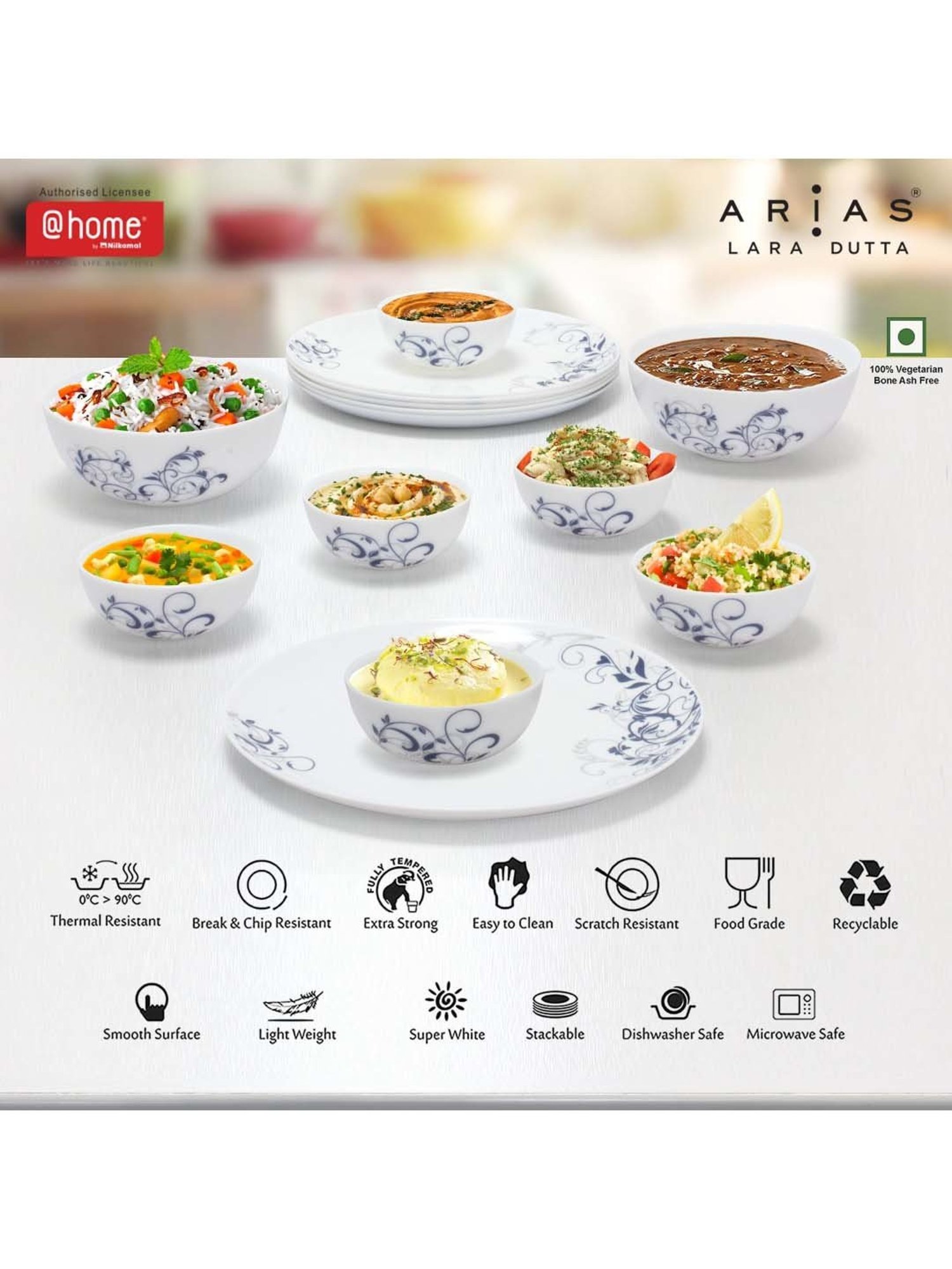 @home Moon Spring White & Grey Glass Dinner Set