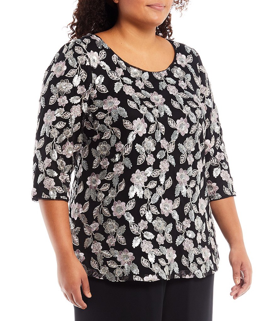 Alex Evenings Plus Size Jewel Neck 3/4 Sleeve Floral Sequin Embroidered Tunic