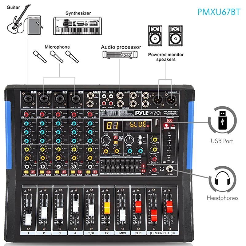 Bluetooth Studio Audio Mixer - DJ Sound Controller Interface with USB Drive for PC Recording Input, XLR Microphone Jack, 48V Power, Input/Output for Professional and Beginners - PMXU67BT