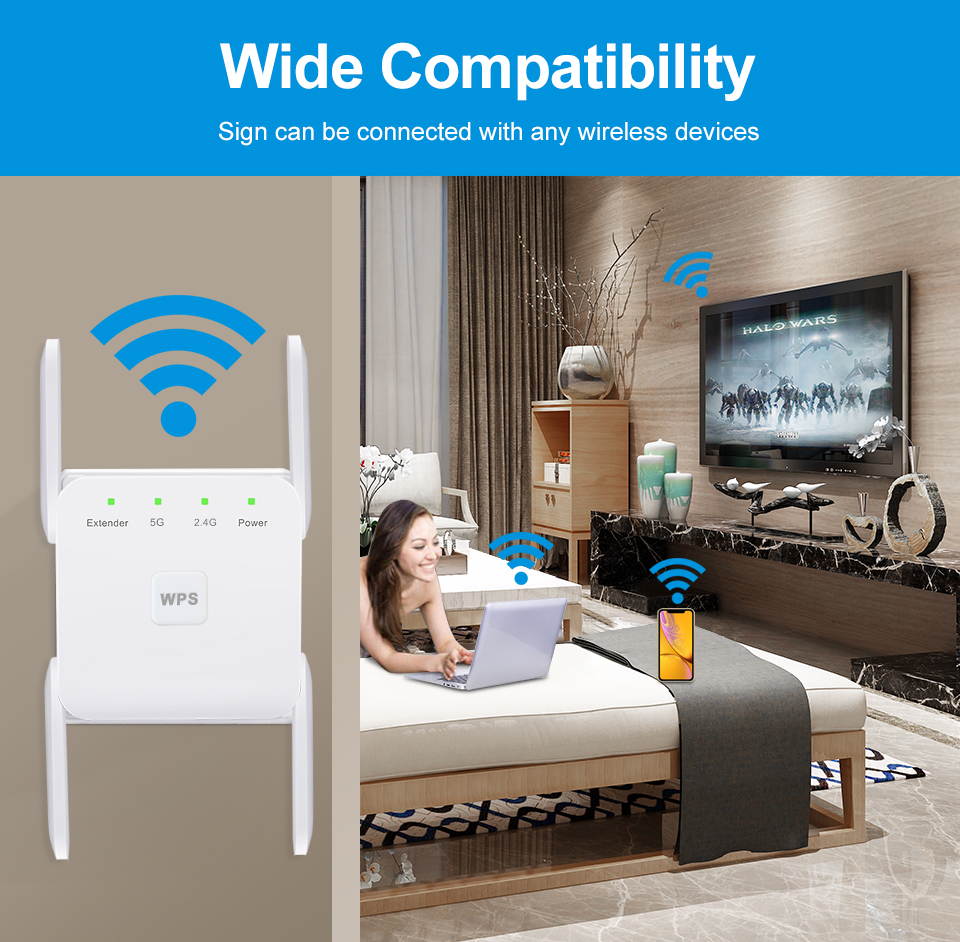AC1200 Dual Band Wifi Repeater Wireless Range Extender 2.4G   300Mbps 5G 867Mbps Wall Repeater WiFi Amplifier Booster Home Networking Enhance Wifi Signal