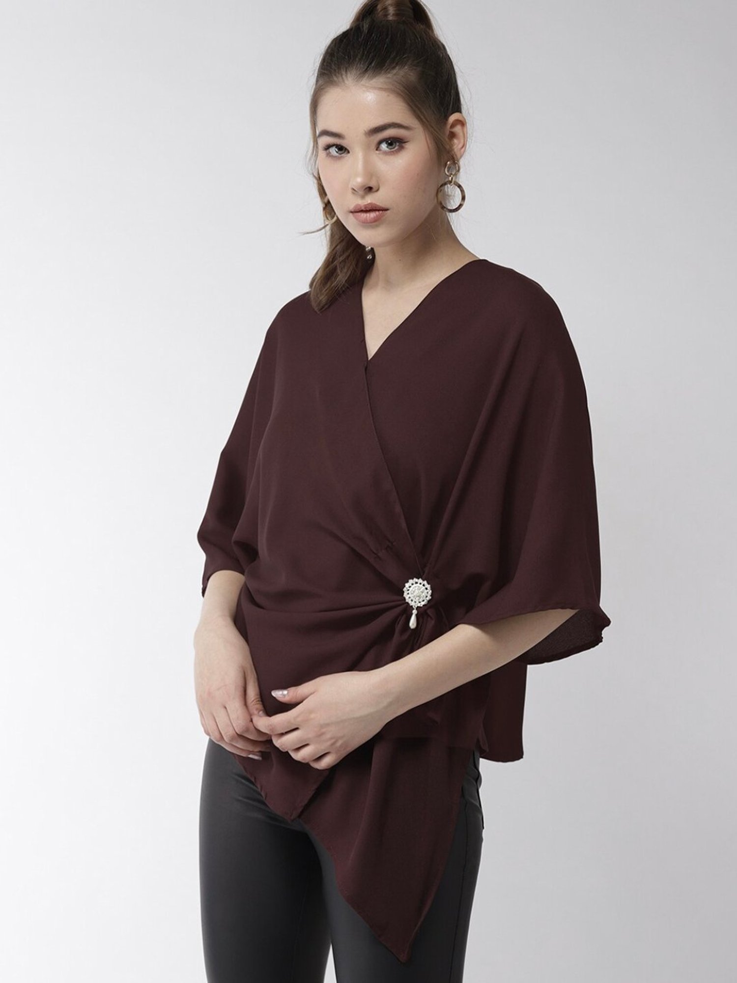 StyleStone Maroon Wrap Top With Brooch