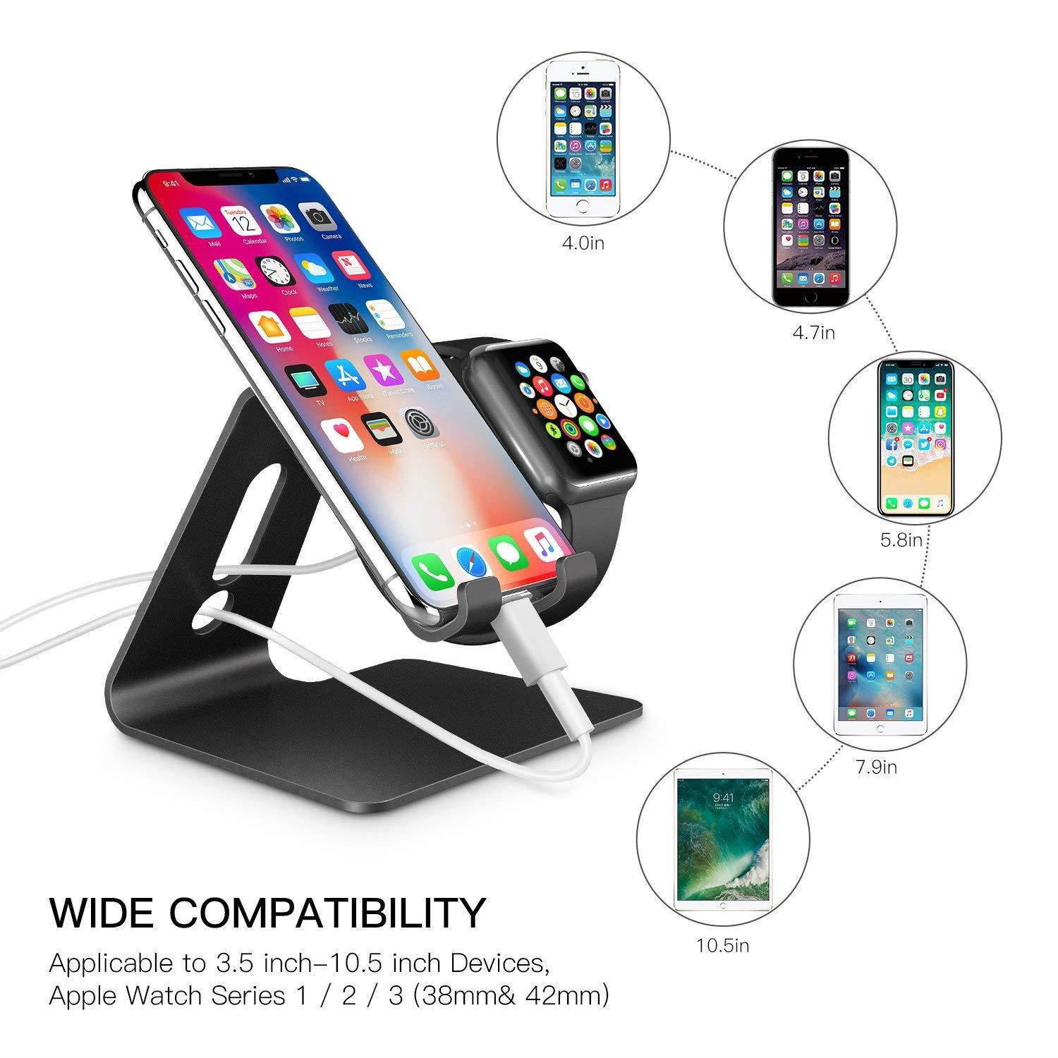 Apple Watch Stand, OMOTON 2 in 1 Universal Desktop Stand Holder for iPhone and Apple Watch (Both 38mm/40mm/42mm/44mm) (Black)