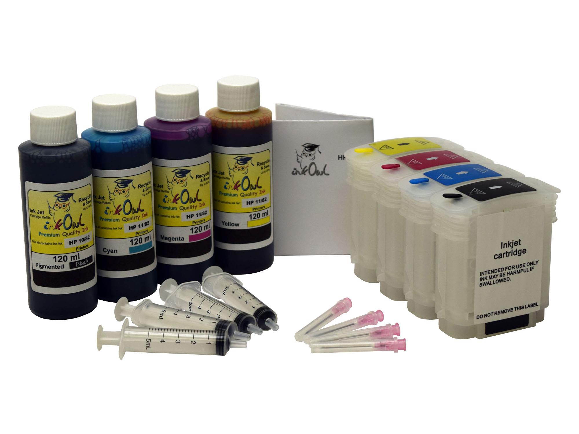 InkOwl Refillable Cartridge Set for HP 10 Black, 82 color + 4x120ml USA-made Ink + syringes (DesignJet 500, 500ps, 800, 800ps, 815, 820, cc800ps)
