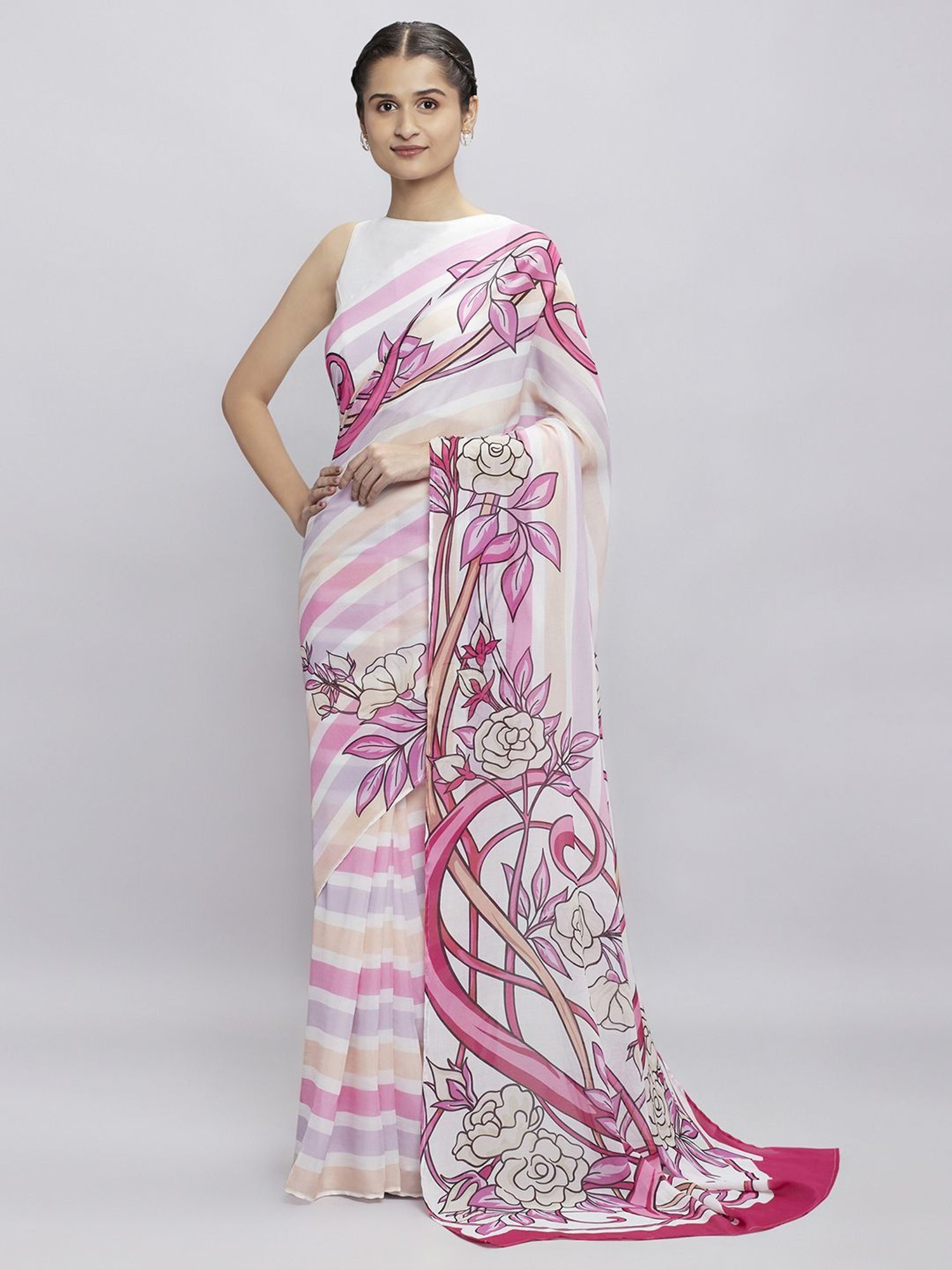 navyasa by liva Pink Rose Printed Saree With Unstitched Blouse