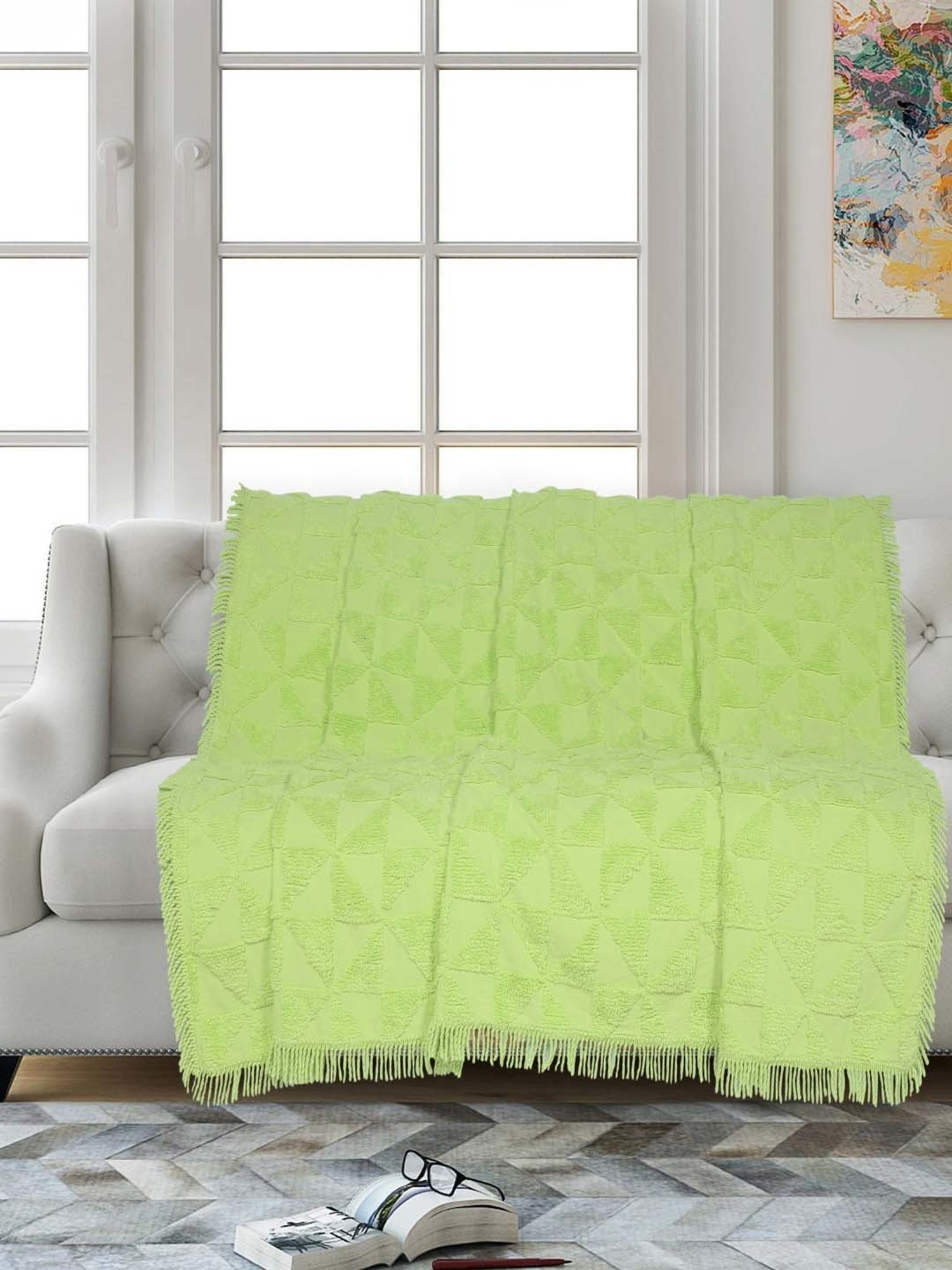 Nestasia Red & Cream Chevron Cotton Knitted Throw blanket with texture for Living Room or Bedroom