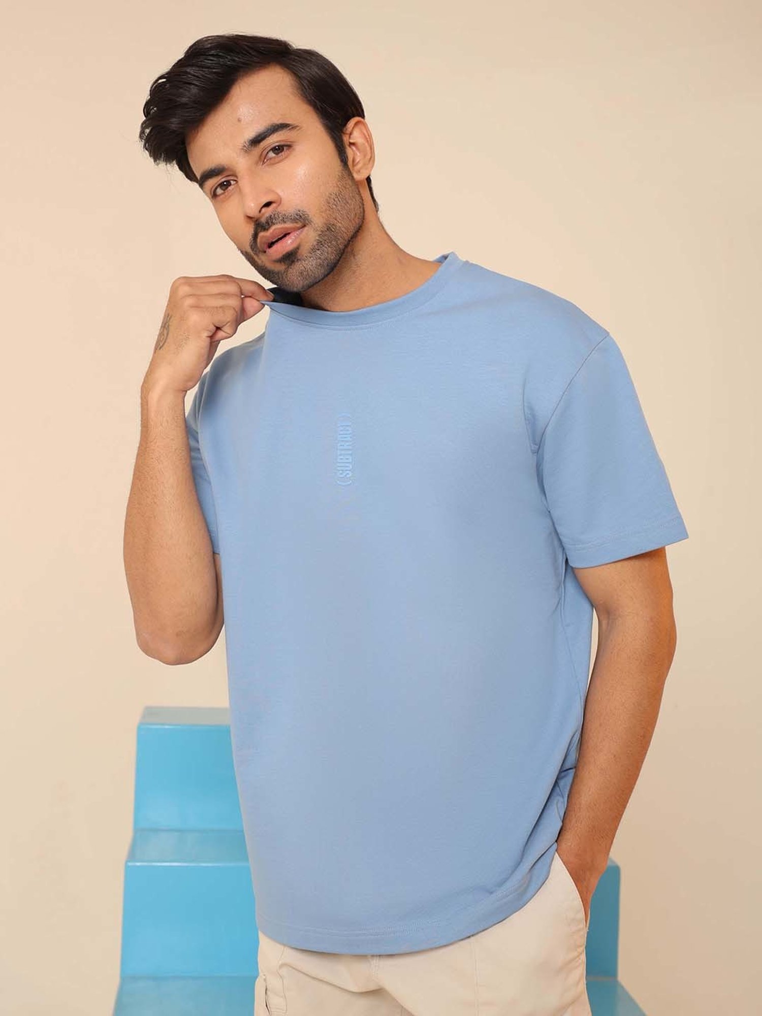 SUBTRACT Frost Blue Regular Fit Cotton Oversized Crew T-Shirt