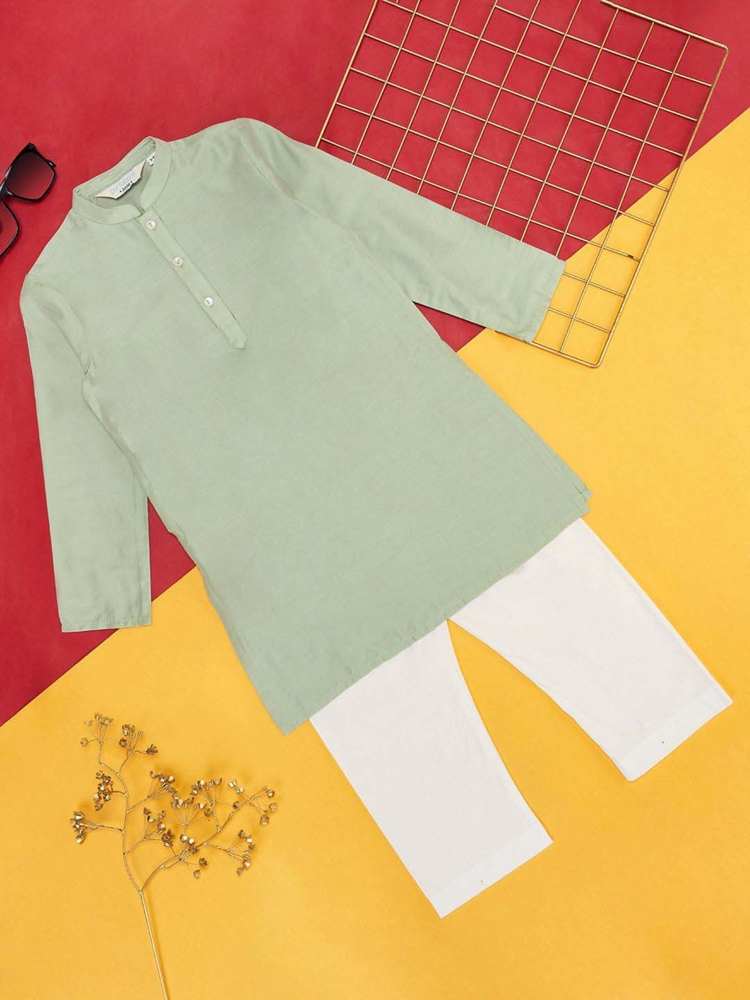 Indus Route by Pantaloons Kids Green & White Regular Fit Full Sleeves Kurta Set