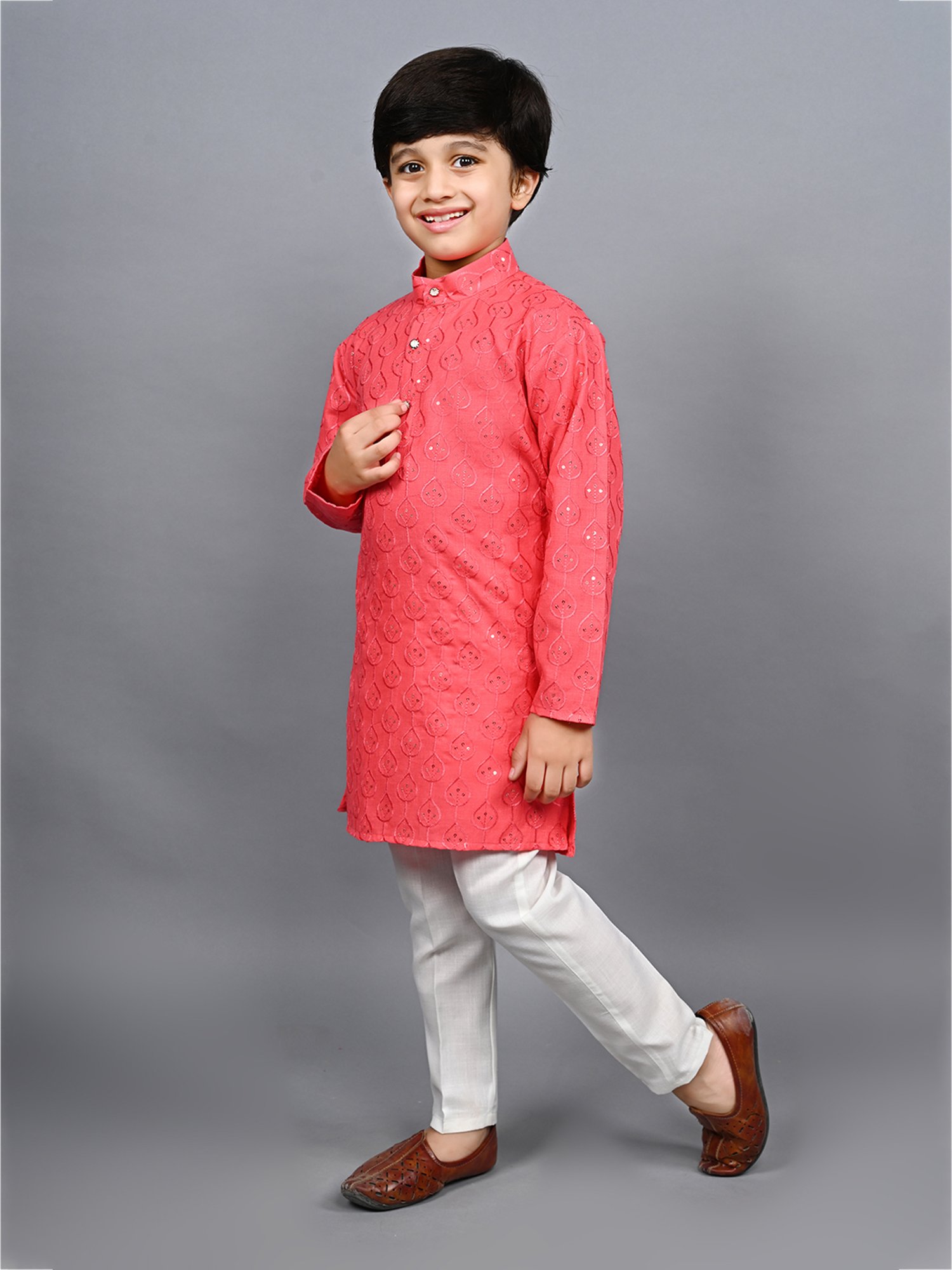Ahhaaaa Kids Pink & White Embellished Full Sleeves Kurta With Pyjamas