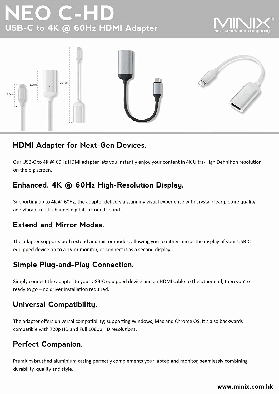 MINIX NEO C-HD Premium USB-C to 4K 60Hz HDMI Adapter/ USB-C cable, High-Resolution Display Universal Compatibility Windows Mac and Chrome OS (Silver /Gray)