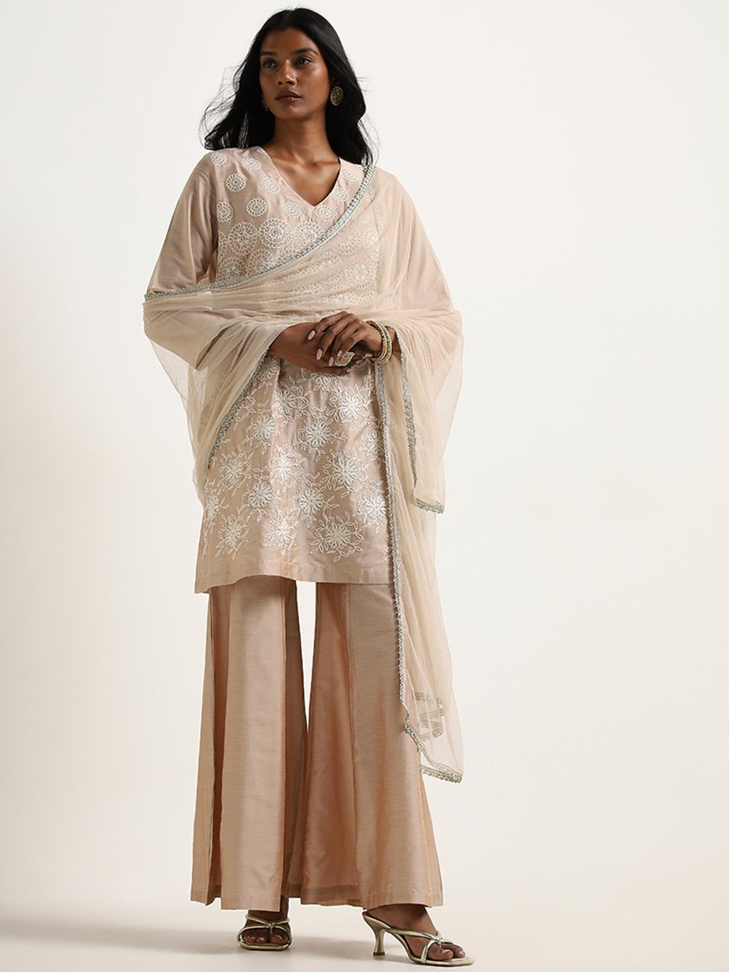 Vark by Westside Beige Embroidered Kurti, Palazzos & Dupatta Set