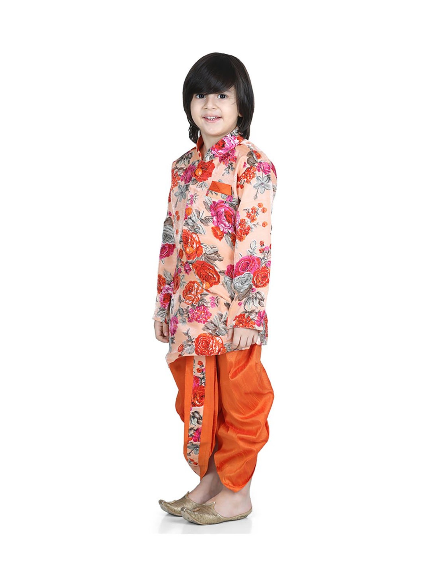 BownBee Kids Orange Printed Sherwani with Dhoti