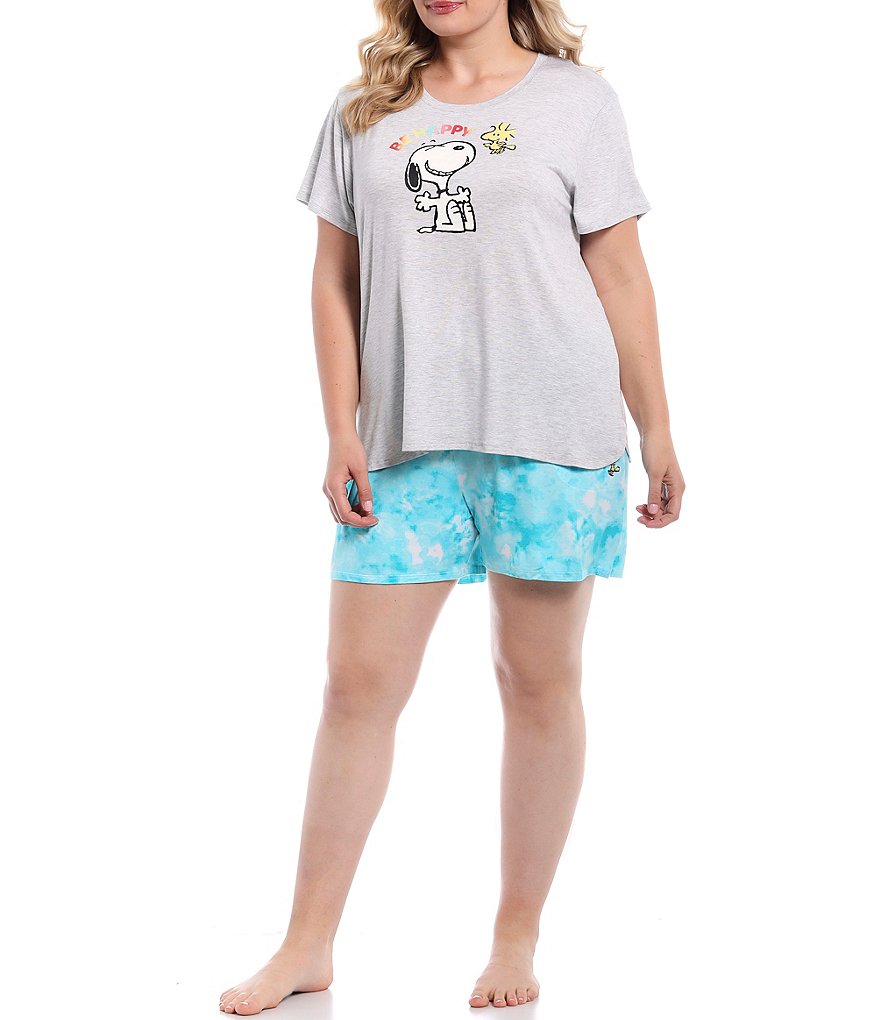 Peanuts Plus Size Tie-Dye Print Joe Cool & Woodstock Screen Print Jersey Knit Sleep Shorts