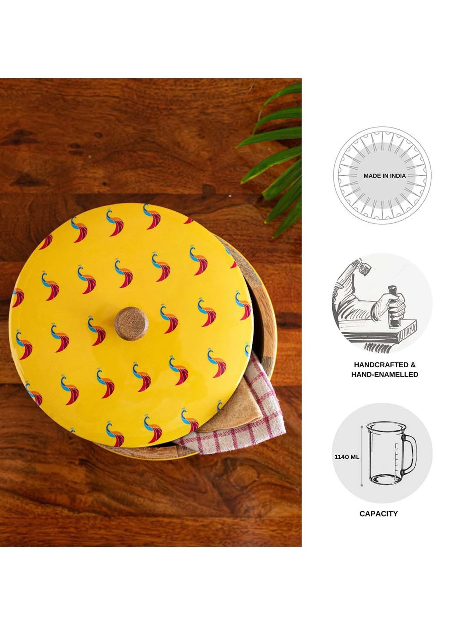 ExclusiveLane Mango Wood Peacocks Hand-Enamelled Casserole Chapati Box With Lid (1.14 L)