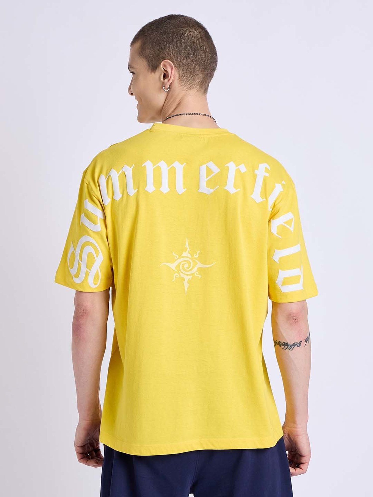 EDRIO Yellow Loose Fit Textured Crew T-Shirt