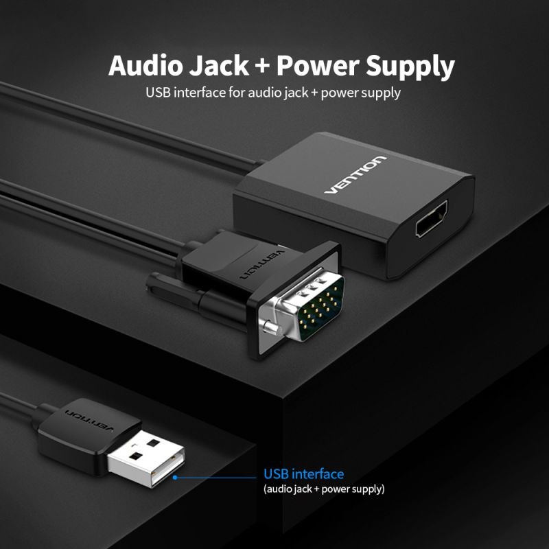 VENTION VGA to HD Adapter with USB2.0 and Audio Jack and Power Supply VGA Converter VGA Male to HD Female for Laptop/PC Connect TV Projector 0.5m (Black)