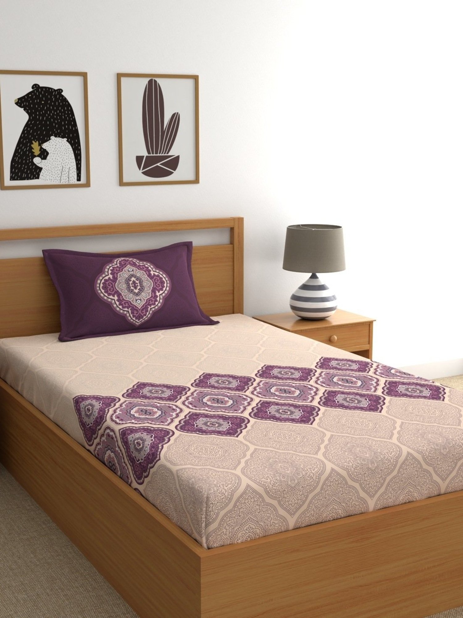Dreamscape Ethnic Purple 140 TC Cotton Single Bed Sheet with 1 Pillow Cover