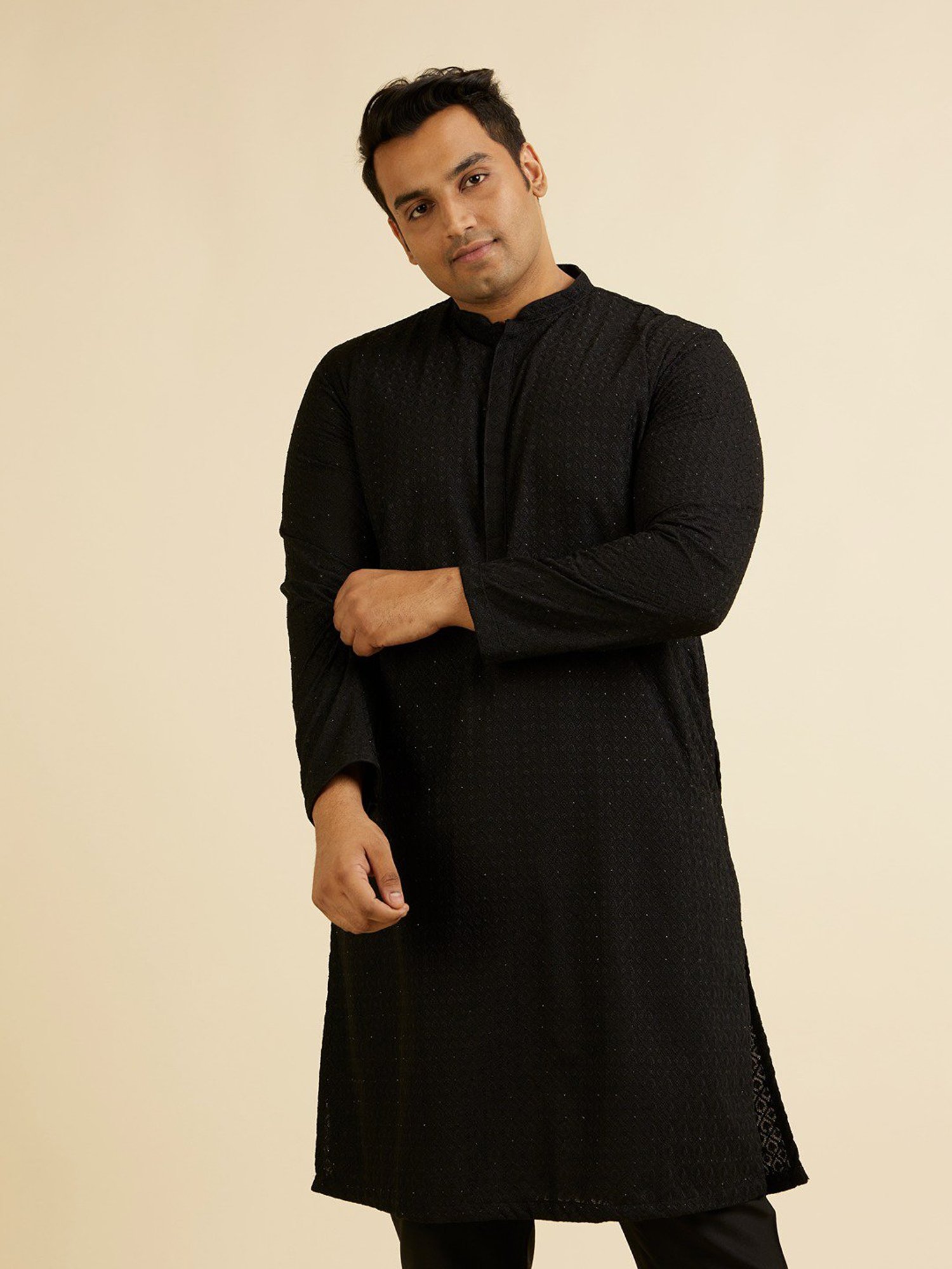 Manyavar Black Regular Fit Embroidered Plus Size Kurta and Pyjama Set