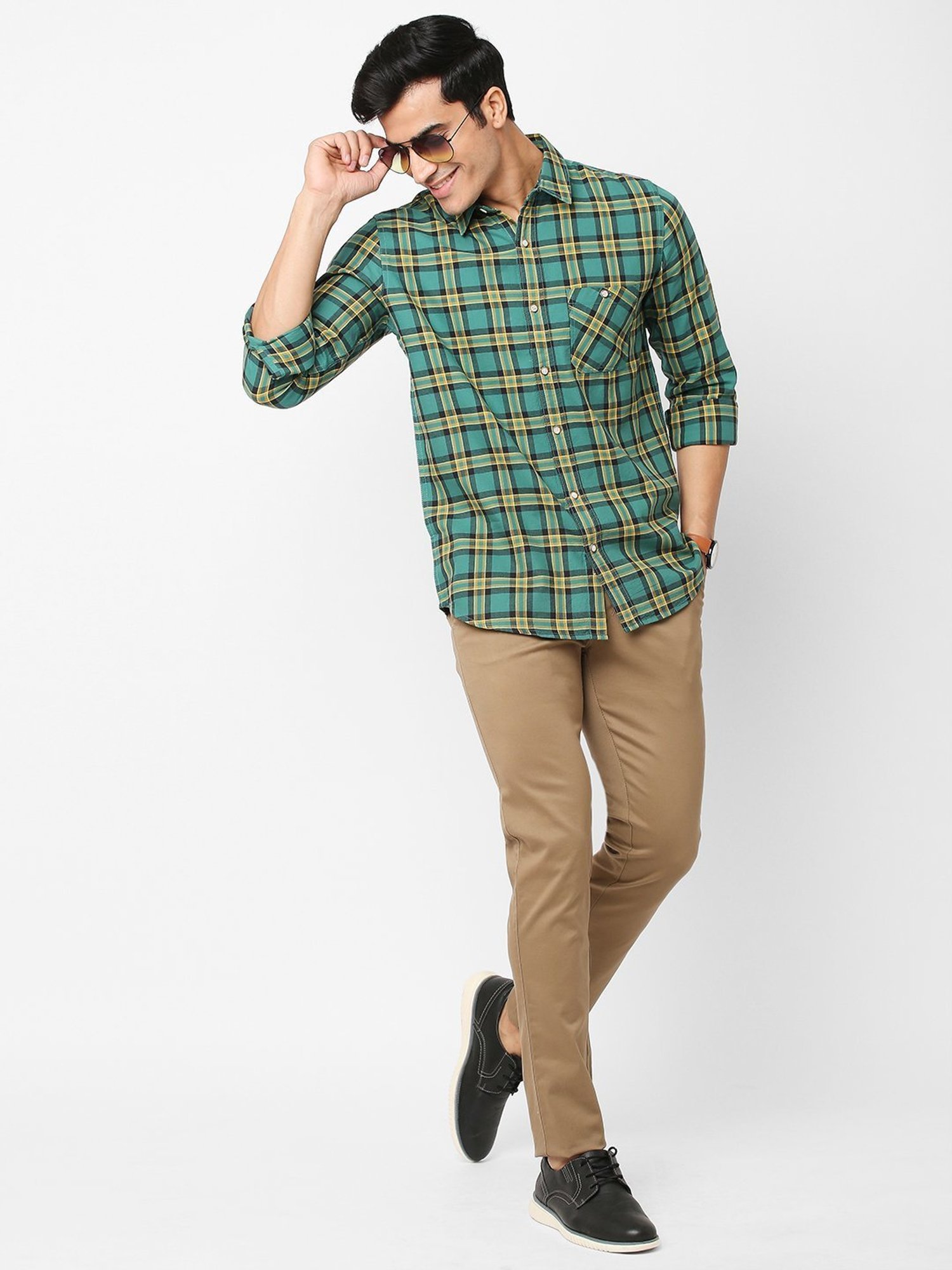 SOLEMIO Green & Yellow Cotton Slim Fit Checks Shirt