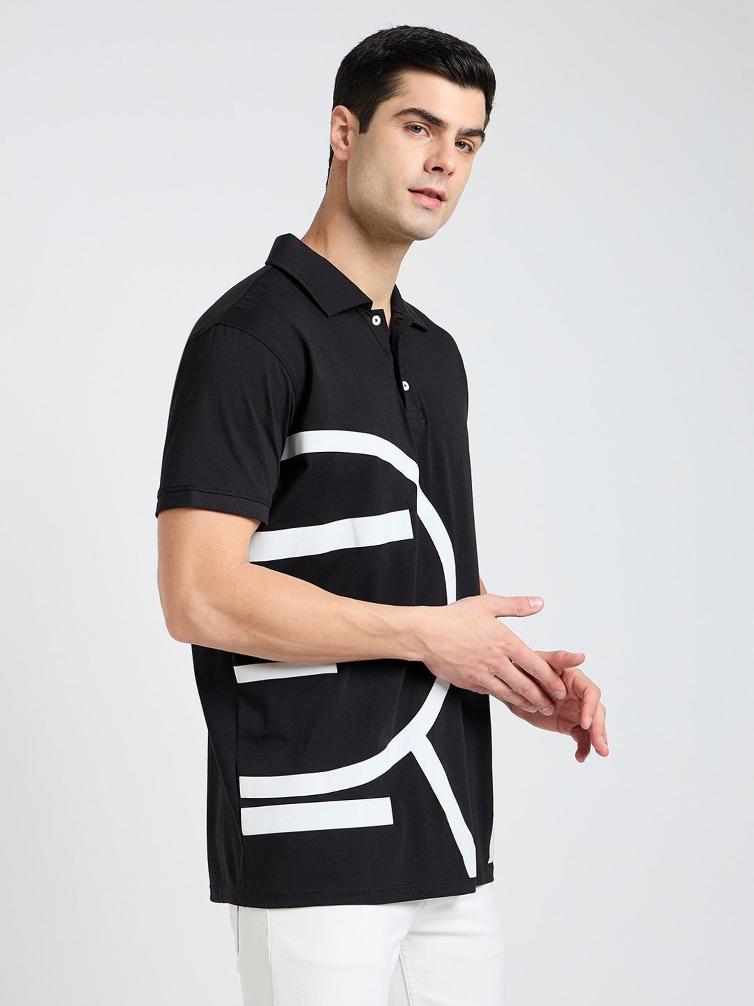 EDRIO Black Regular Fit Printed Polo T-Shirt