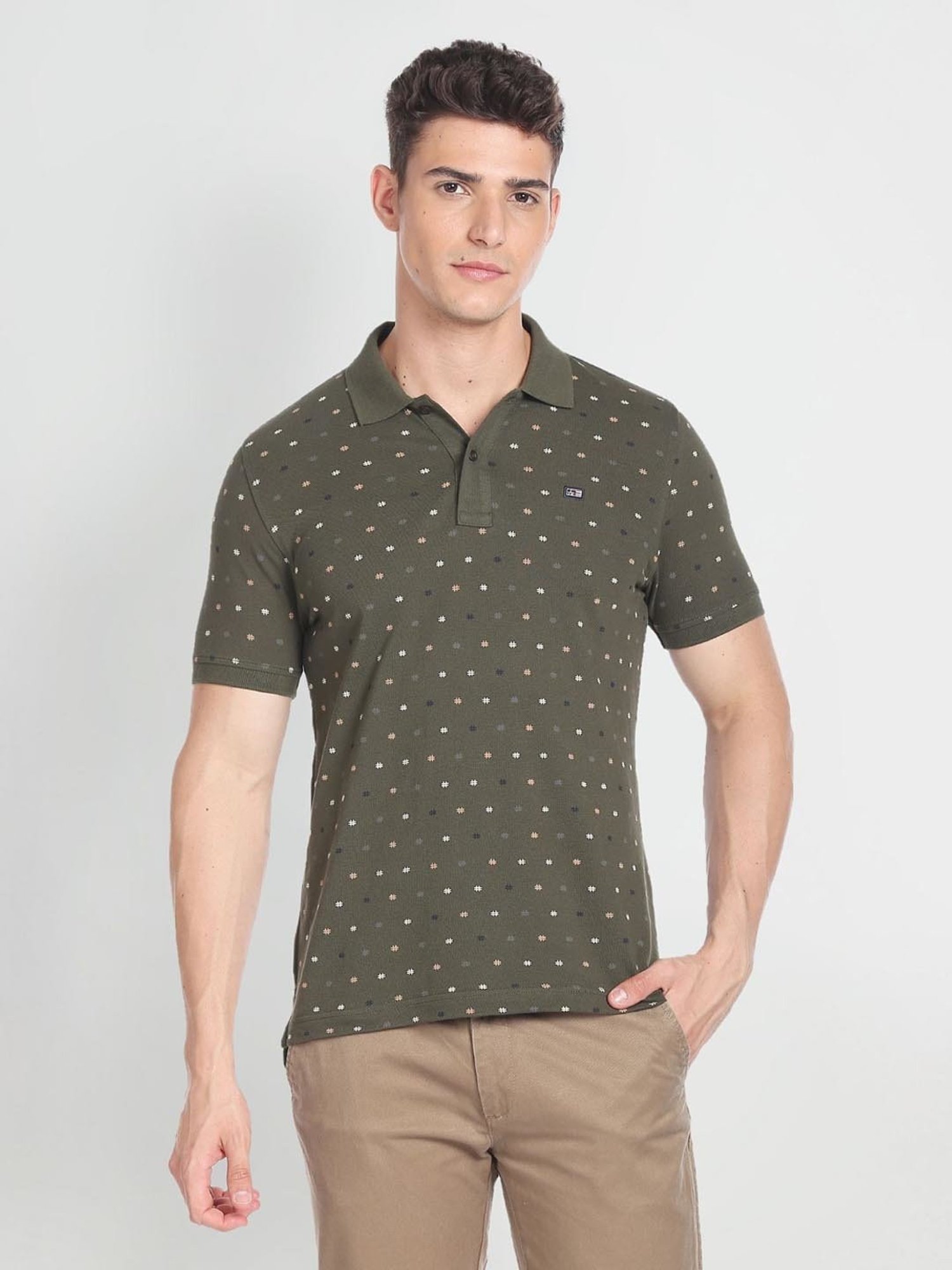 Arrow Sport Green Cotton Regular Fit Printed Polo T-Shirt