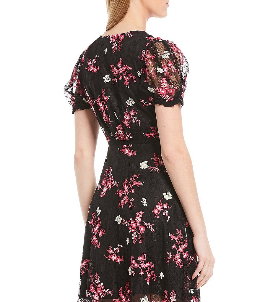 Shabby Chic Ruby Puffed Sleeve Embroidered Floral Lace Midi Dress