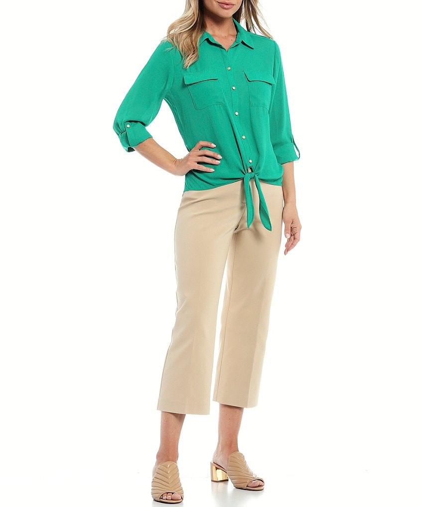 Investments Solid Point Collar Neck Button-Front Long Sleeve Tie-Front Top