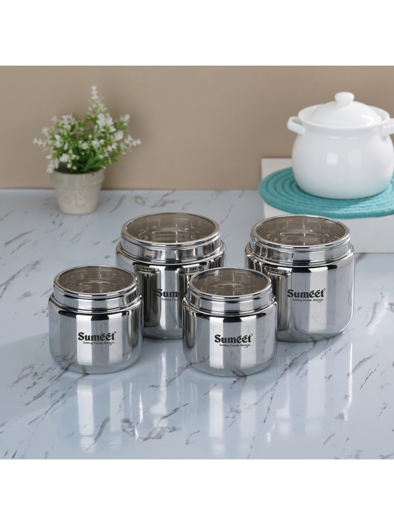 Sumeet S.S.Storage Containers with See Through Lid,4pc (400ml-2Pc with 9cm&800ml-2Pc with 11cm)
