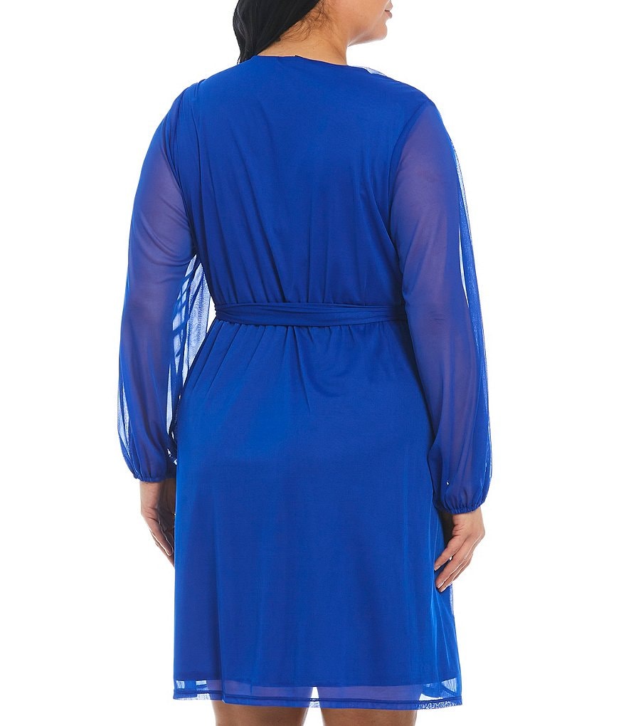 Marina Plus Size V-Neck Long Sleeve Knee Length Faux Wrap Dress