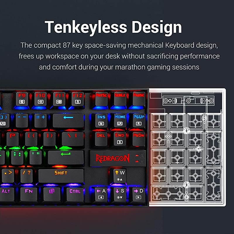 K552 Mechanical Gaming Keyboard RGB LED Rainbow Backlit Wired Keyboard with Red Switches for Windows Gaming PC 87 Keys Black