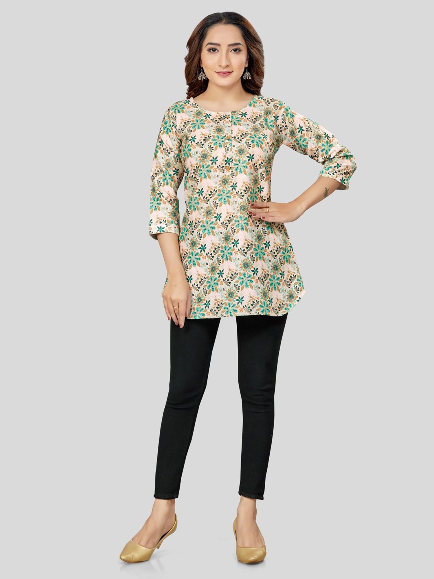 Saree Swarg Cream Printed A-Line Short Kurti