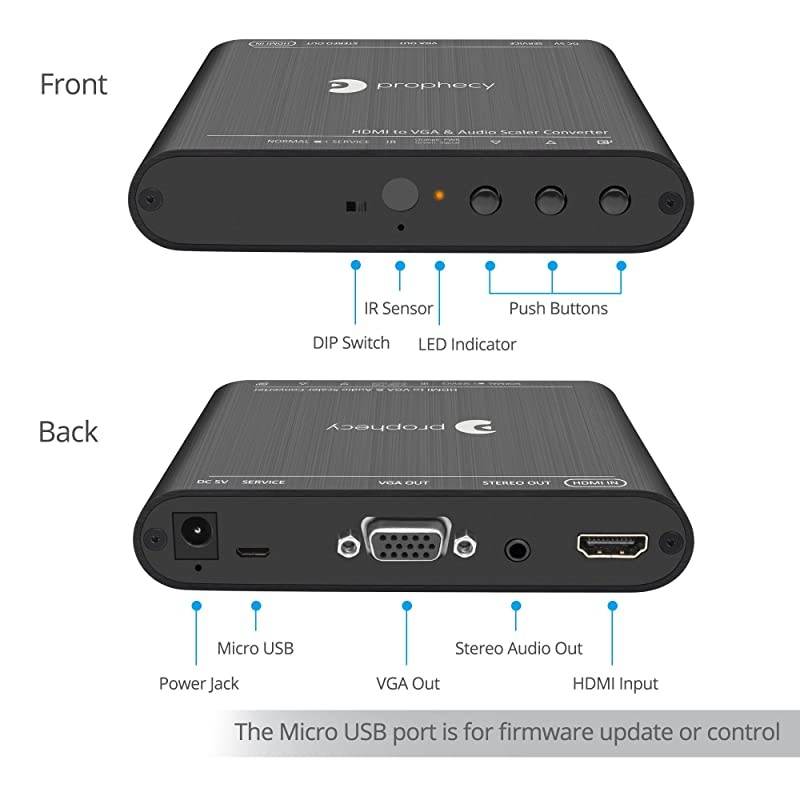 Prophecy HDMI to VGA Frame Rate Converter Scaler and Adapter with Audio &ndash; 1080p, 1920x1200, Analog Stereo Audio, Advanced Scaling, Firmware Upgradeable (PRO-ScalerHD2V)
