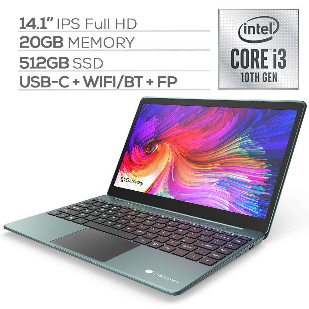 Gateway Notebook Ultra Slim Laptop 14.1" IPS FHD Intel Core i3-1005G1 Up to 3.4GHz 12GB RAM 128GB SSD USB-C FP Reader Webcam HDMI Wi-Fi THX Audio Win 10 S Green