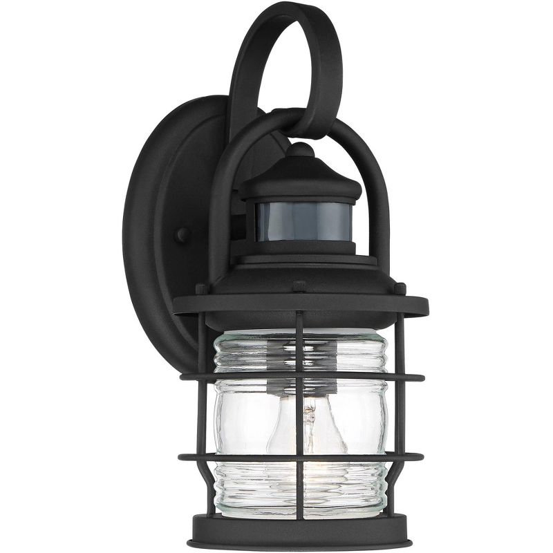 John Timberland Nautical Outdoor Wall Light Fixture Textured Black Cage 12" Clear Ribbed Glass Motion Security Sensor for House Deck Porch