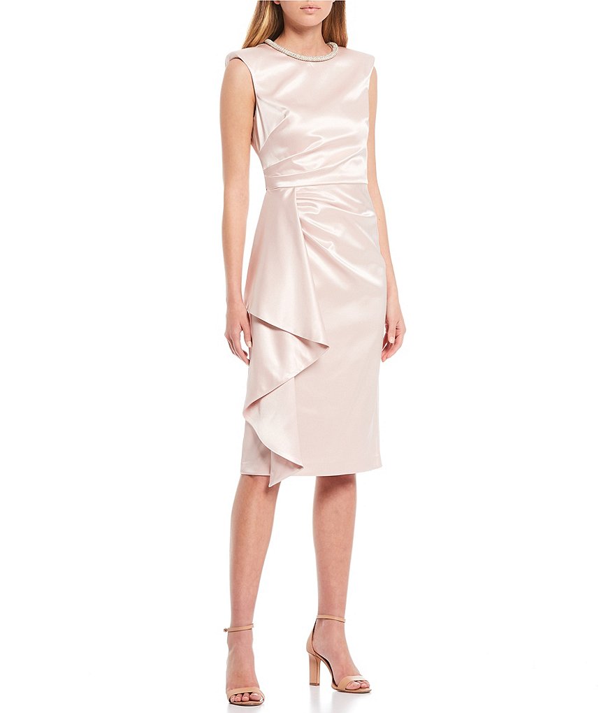 Eliza J Beaded Neck Satin Draped Midi Sheath Dress