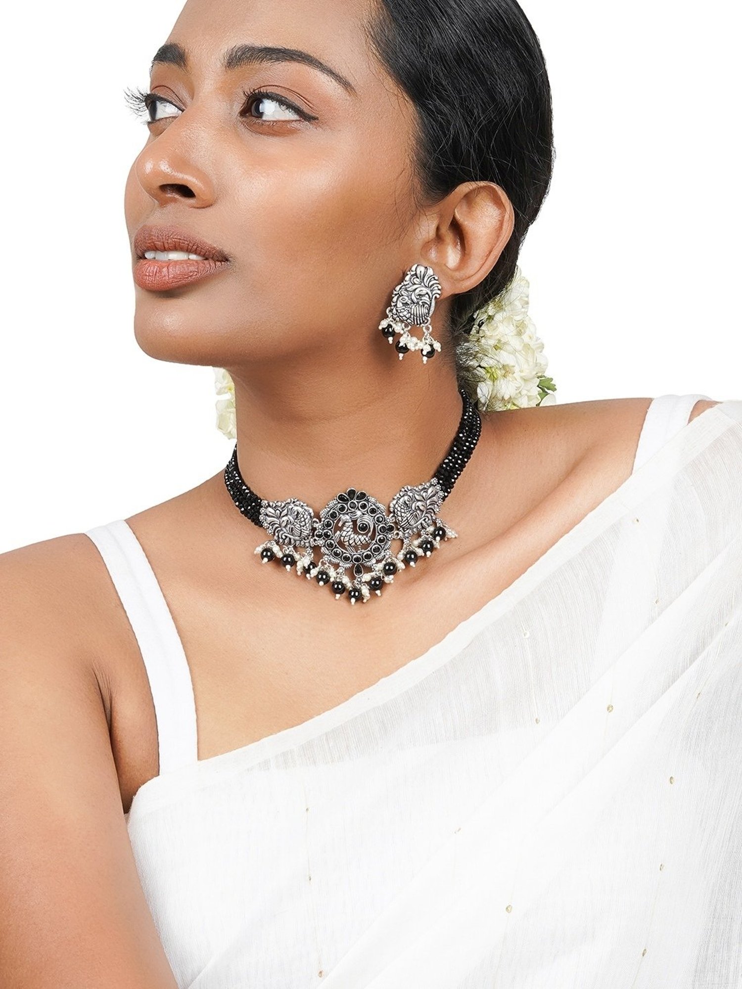 Teejh Ethnic Darshika Silver Oxidized Pearl and Black Stones Choker Necklace Set for Women