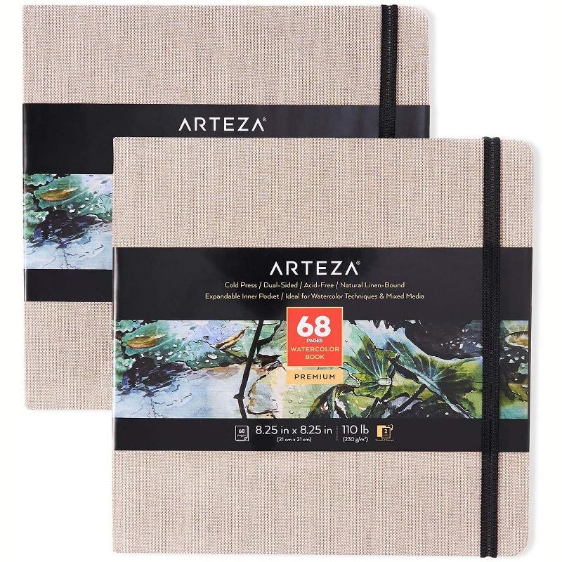Arteza Beige Natural Linen Hardcover Watercolor Paper Pad, Cold-Pressed Paper, 8.25"x8.25", 68 Pages - 2 Pack (ARTZ-9420)