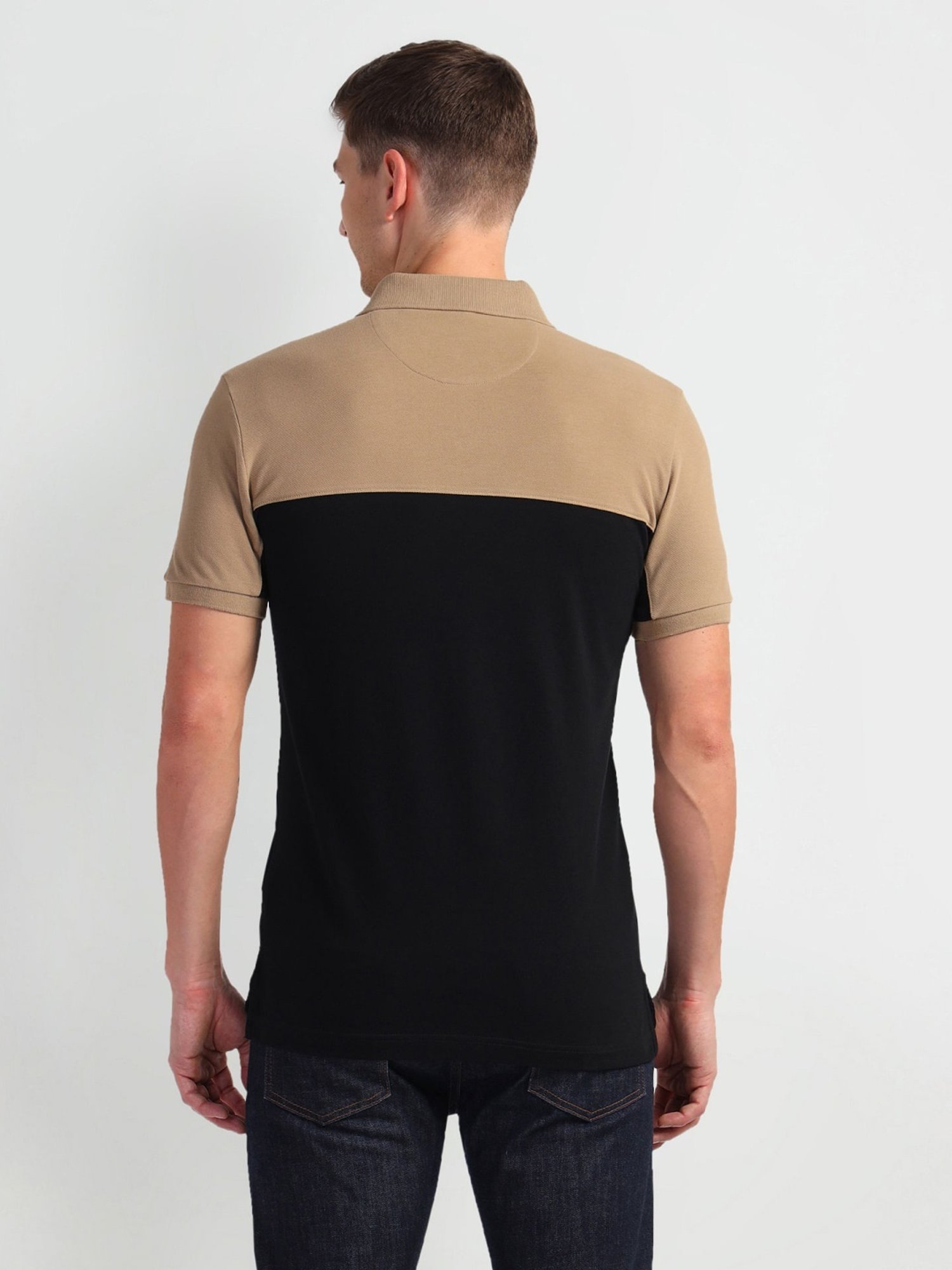 Arrow Sports Black Cotton Regular Fit Colour Block Polo T-Shirt