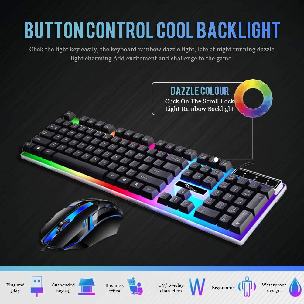 UKCOCO Gaming Keyboard Mouse Combo Wired,RGB LED Backlit Computer Gaming Keyboad,Lighted PC Gaming Mouse, for PC Games Gamer Working, White