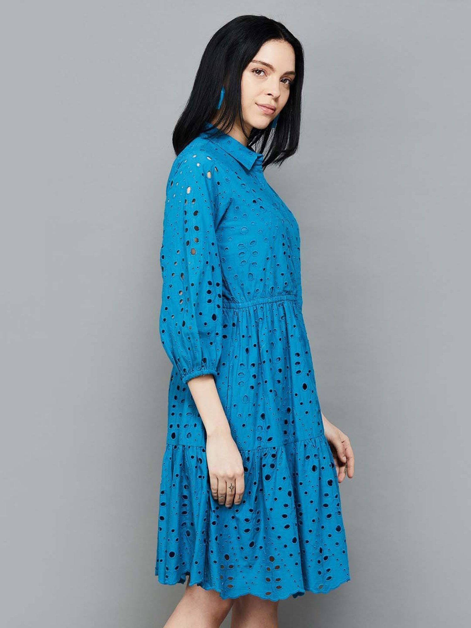 Colour Me by Melange Blue Cotton Self Pattern Shirt Dress