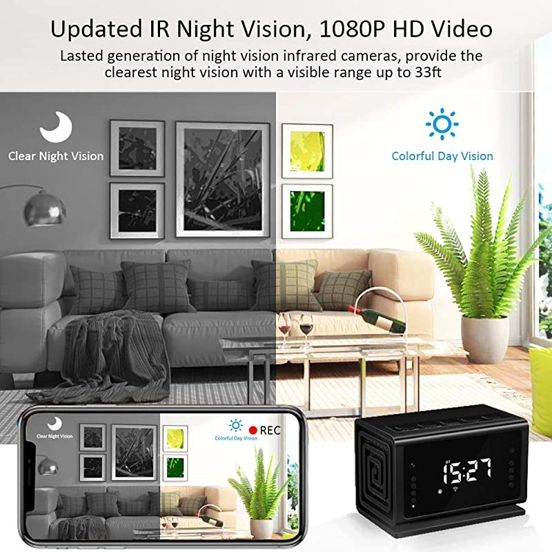 Hidden Camera  Spy Camera Wireless Security Nanny Cam with 1080P Full HD WiFi Night Vision Motion Detection Bluetooth SpeakerFM RadioCell Phone AppNo Sound Recording