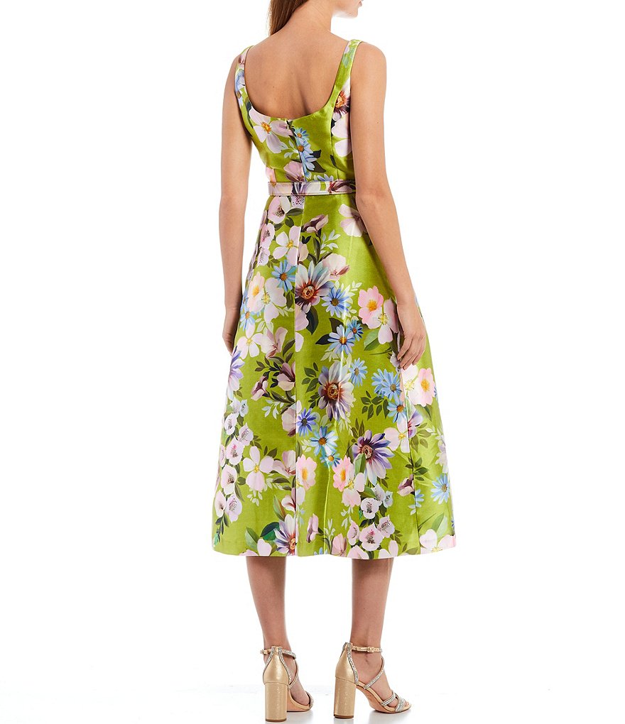 Kay Unger Lacey Tea Length Square Neck Sleeveless Floral Print Dress