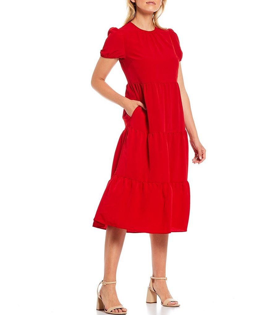 LDT Fiona Round Neck Short Sleeve Tiered Midi Dress