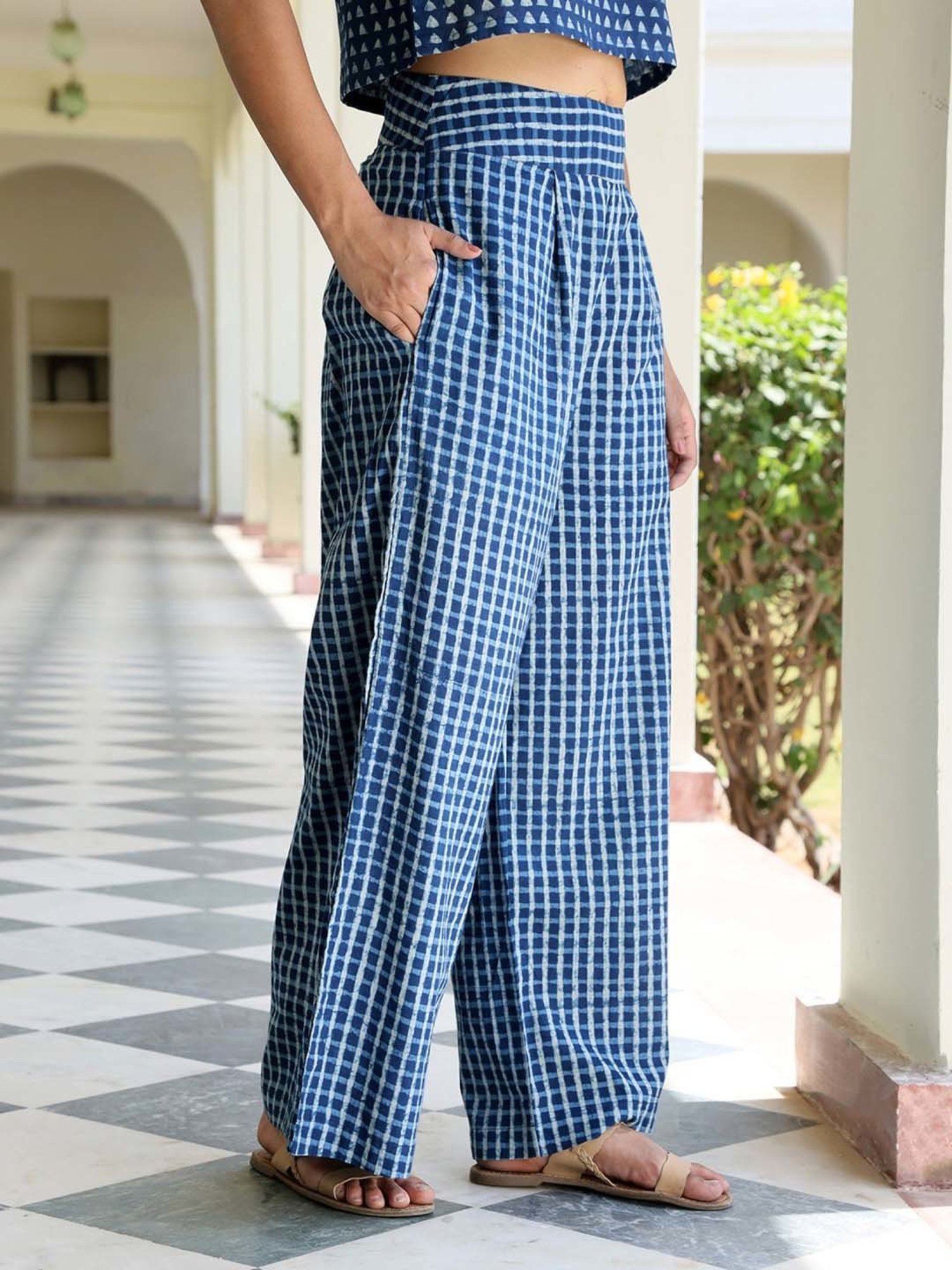 Okhai Indigo Pure Cotton Hand Block Print Regular Fit Mid Rise Palazzos