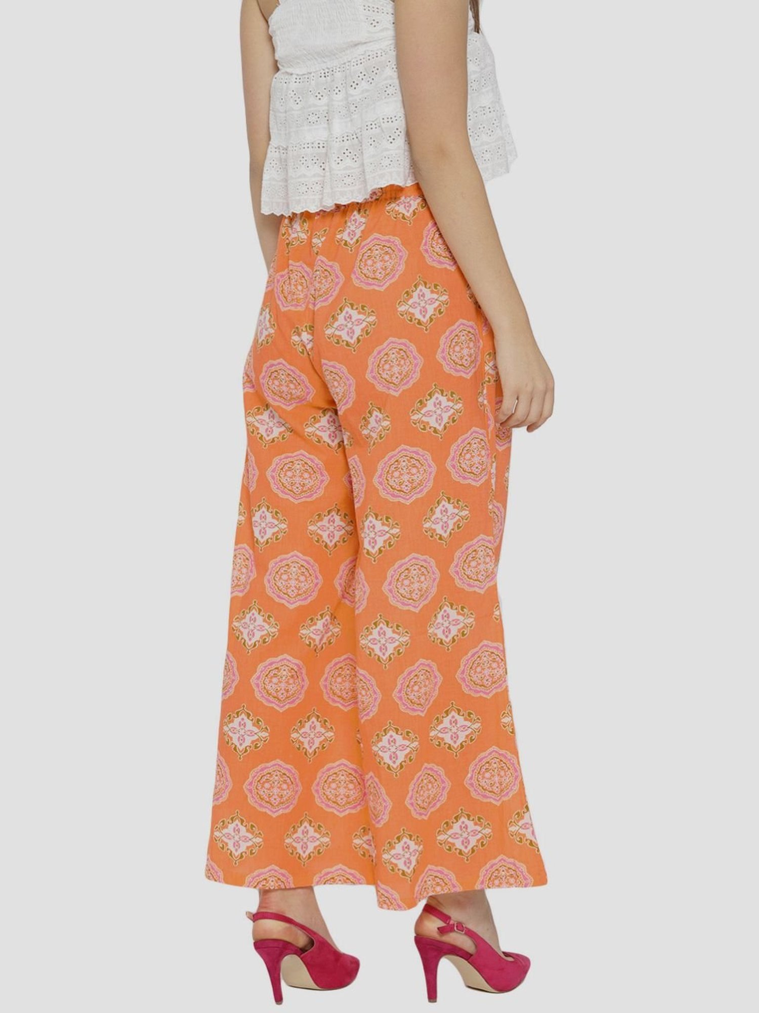 Sringam Orange Cotton Printed Palazzos