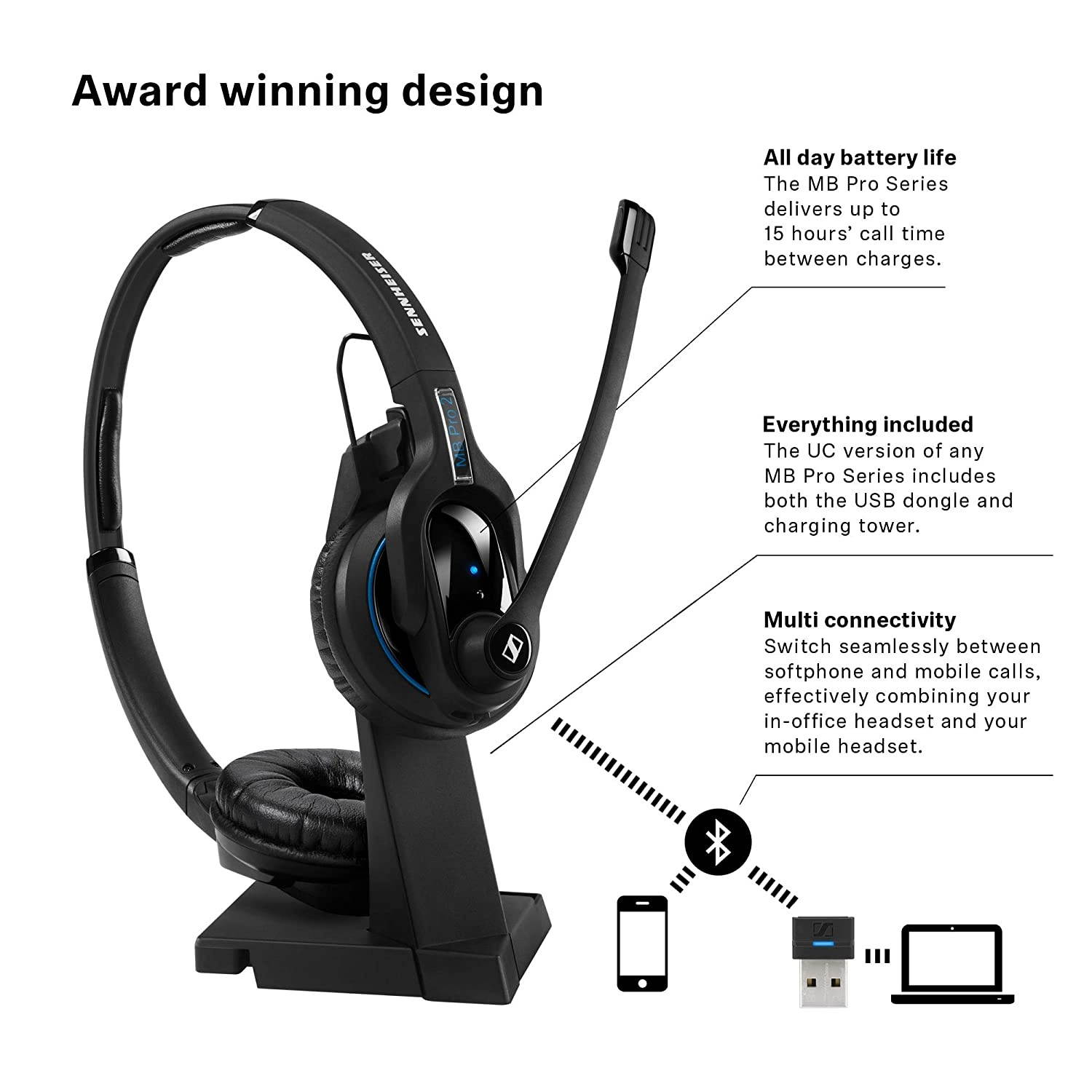 Sennheiser MB Pro 2 UC ML (506046) - Dual-Sided, Dual-Connectivity, Wireless Bluetooth Headset | For Desk/Mobile Phone & Softphone/PC Connection| w/ HD Sound & Major UC Platform Compatibility (Black)